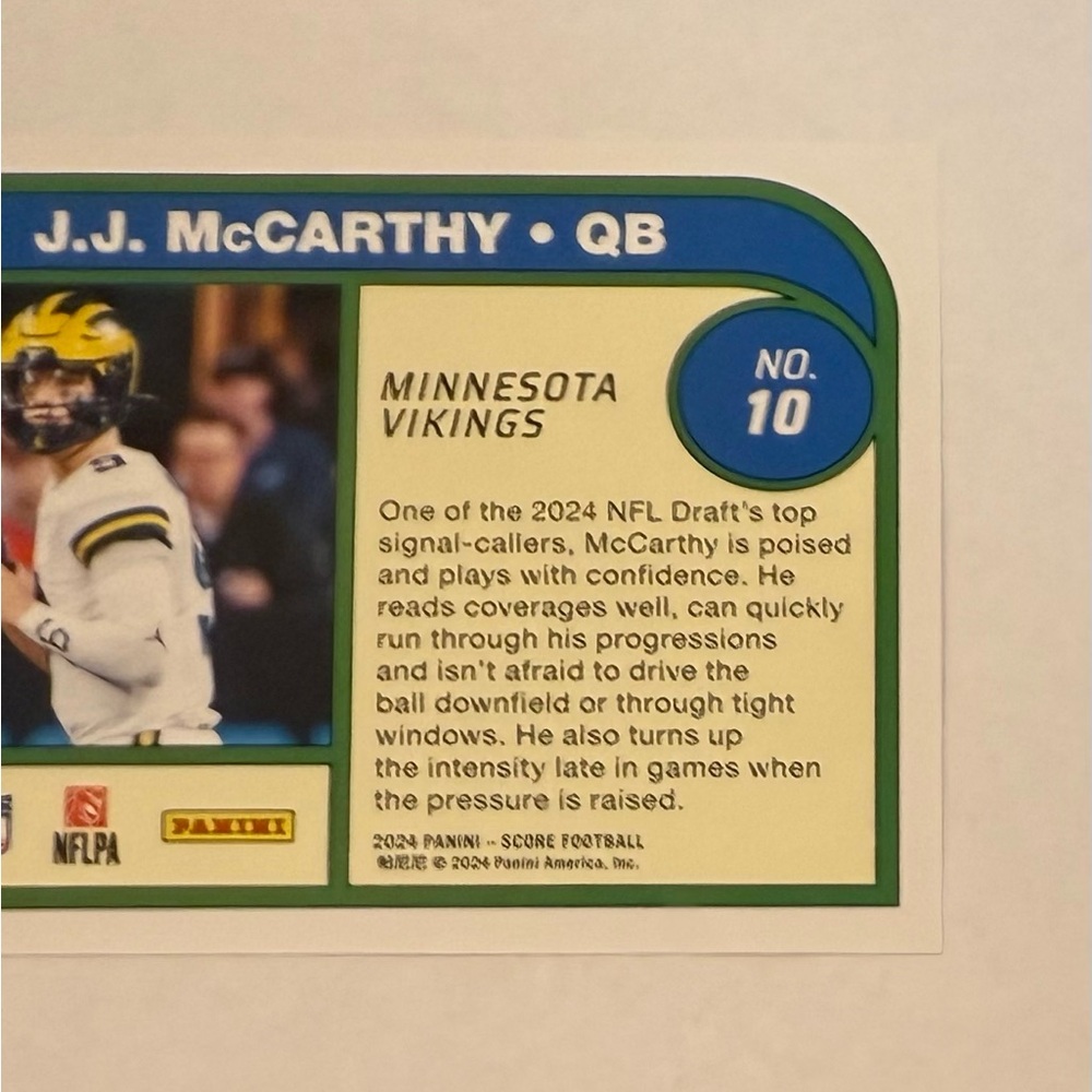 2024 Panini -Protential Score J.J. McCarthy Rookie Card # 10 - Picture 8 of 8